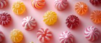 Colorful striped hard candy sweets in pink, yellow, orange and red arranged on pink background, sugar coated round candies with swirl pattern create festive layout.