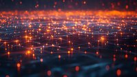 Glowing orange and blue network connections with light points creating futuristic technology landscape, abstract digital communication background for tech designs.