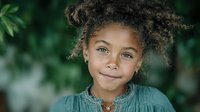 Young African American girl with curly hair smiling outdoors in natural green environment for family lifestyle and childhood concepts.