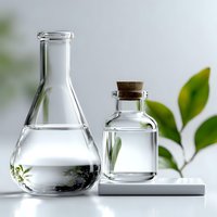Clear glass laboratory flask and bottle with cork stopper on white surface, green leaves in background creating minimalist scientific composition.