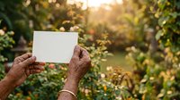 Senior adult with dark skin tone holding blank white card in lush garden setting during golden hour sunlight, suitable for messaging, advertising, and promotional campaigns.
