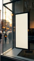 Blank white advertising display board mounted on glass window with warm evening city lights creating bokeh background for marketing campaigns.
