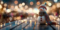 Cheerful snowman with knitted hat and scarf on wooden surface against blurred festive bokeh lights background, creating magical winter holiday atmosphere.