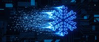 Digital snowflake symbol glowing blue on futuristic circuit board background with data streams and technological elements for winter tech concepts.
