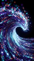 Glowing spiral vortex with luminous particles flowing in swirling motion, featuring vibrant purple, cyan, and orange light effects against dark background for digital design projects.