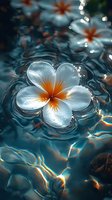 White plumeria flower floating on rippled water surface with bokeh light effects and reflections creating dreamy, ethereal atmosphere in turquoise blue tones.