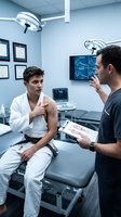 Young male patient in white medical gown consulting with doctor in modern clinic examination room with medical equipment and certificates on wall.