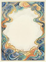Ornate decorative frame with swirling clouds in blue, gold and coral colors on textured background. Traditional Asian-inspired border design for invitations.