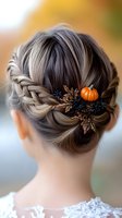 Elegant braided updo hairstyle decorated with autumn-themed accessories including miniature pumpkin and copper leaf ornaments against blurred fall background.