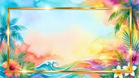 Tropical sunset frame with palm trees, colorful flowers, and ocean wave border on white background, isolated design element for invitations, posters, and greeting cards.