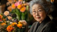 Senior Asian woman with gray hair and glasses smiling warmly among colorful autumn flowers in cozy indoor setting for lifestyle and wellness content.