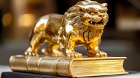 Golden lion figurine standing atop antique book with gilded pages, displaying wealth and luxury symbolism against blurred warm background. Decorative Asian art piece.