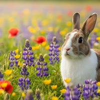 Adorable brown and white rabbit sitting in colorful wildflower meadow with purple lupines, yellow flowers and red poppies in spring garden.