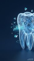 Digital tooth with glowing neural networks and data visualization elements on dark blue background for dental technology and healthcare innovation concepts.
