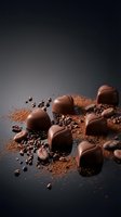 Smooth chocolate bonbons arranged on dark surface with cocoa powder and crushed cacao nibs, suitable for confectionery, bakery, and food photography projects.