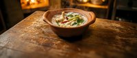 Creamy soup with fresh herbs served in rustic wooden bowl on aged table, perfect for restaurant menus and food photography.