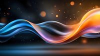 Vibrant flowing waves of blue, orange and purple light with glowing particles create dynamic motion effect against dark background. Abstract design for modern backgrounds.