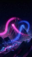 Neon glowing infinity symbol flowing through futuristic digital landscape with geometric mountains and circuit patterns, representing technology, innovation, and endless connectivity in cyberspace.