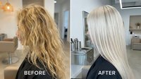 Hair transformation from damaged blonde curls to sleek platinum straight style in professional salon setting showing dramatic before and after results.