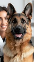 Happy German Shepherd dog with smiling female veterinarian in modern clinic. Professional pet care and animal health checkup concept for veterinary services.