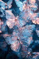 Delicate rose gold and blue crystal butterflies create magical garden atmosphere with ethereal glow and dreamy lighting effects, suitable for luxury design projects.