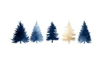 Minimalist winter forest landscape with navy blue and gold spruce tree silhouettes arranged in row creating modern nordic style composition.