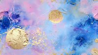 Abstract cosmic art with gold leaf circles on watercolor background of pink and blue nebula-like textures creates ethereal celestial atmosphere.