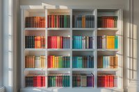 White built-in bookshelf with colorful hardcover books arranged by spectrum creates rainbow effect, natural window light casting soft shadows on organized library.