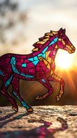 Colorful stained glass horse silhouette running at sunset with vibrant mosaic pattern in pink, blue and yellow tones creating artistic light reflections.
