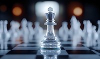 Glass chess king piece standing on chessboard with blurred pawns in background, dramatic lighting creates strategic business leadership concept.