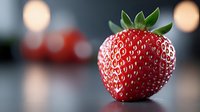 Fresh ripe strawberry with green leaves on blurred background with bokeh lights, macro photography showing detailed texture and natural color.