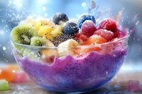 Vibrant smoothie bowl with fresh fruits, berries, kiwi, banana and chia seeds in glass bowl with colorful gradient and water splash effect. Food photography.