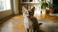 Adorable tabby cat with open mouth meowing in cozy home interior with wooden floors, bookshelves and natural lighting for pet lifestyle content.