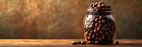Coffee beans stored in glass jar on wooden table with warm bokeh background for kitchen decor and beverage preparation.