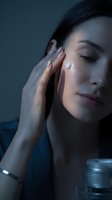 Young Asian woman applying facial cream with closed eyes in soft blue lighting for skincare routine and beauty wellness concept.