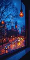 Glowing light bulb and digital icons against window with blurred cityscape at dusk, orange lights reflecting on wet street creating moody urban atmosphere.