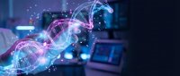 Futuristic holographic network visualization with glowing data streams and digital connections in modern tech workspace environment.