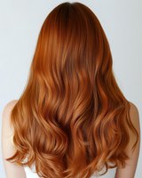 Back view of long wavy copper red hair with natural highlights and soft curls against white background, showing professional hair coloring and styling result.