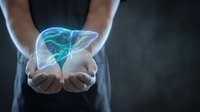 Hands holding glowing holographic liver organ for medical healthcare technology concept and hepatology treatment visualization.