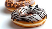 Glazed donut decorated as cute cat face with chocolate icing, whiskers and ears on white background, creative pastry design for bakery and cafe menu.