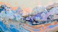 Fluid art abstract background in blue, purple and peach colors with swirling patterns and bubble effects creating ethereal marble-like texture for wall decor.