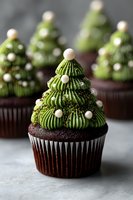 Festive chocolate cupcakes decorated with green frosting Christmas trees and white candy pearls, perfect for holiday dessert tables and winter celebrations.