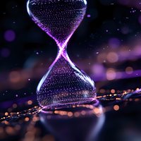 Glowing hourglass with flowing sparkles and particles against dark background with purple and orange bokeh lights creating magical atmosphere.
