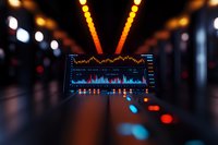 Financial market data displayed on digital screen with stock chart analysis and trading volume indicators against blurred city lights background.