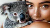 Young woman with freckles and natural makeup in close contact with adorable koala bear, showing connection between human and nature in tender emotional portrait.