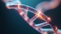 Glowing DNA strand macro with orange light effects on blurred teal background. Scientific concept showing genetic research and biotechnology advancement.