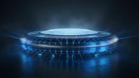 Futuristic holographic platform with glowing blue energy beams and digital grid patterns on dark background for technology and sci-fi projects.