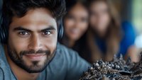 Young South Asian man with dark beard smiling at camera while holding soil in hands, with blurred female colleagues behind, representing teamwork in environmental or agricultural projects.