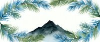 Mountain silhouette framed by blue and green palm fronds in watercolor style, suitable for tropical travel, nature backgrounds, and resort design projects.