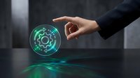 Businessman hand touching glowing green digital gear hologram interface for technology, innovation, and engineering solutions in modern corporate environment.